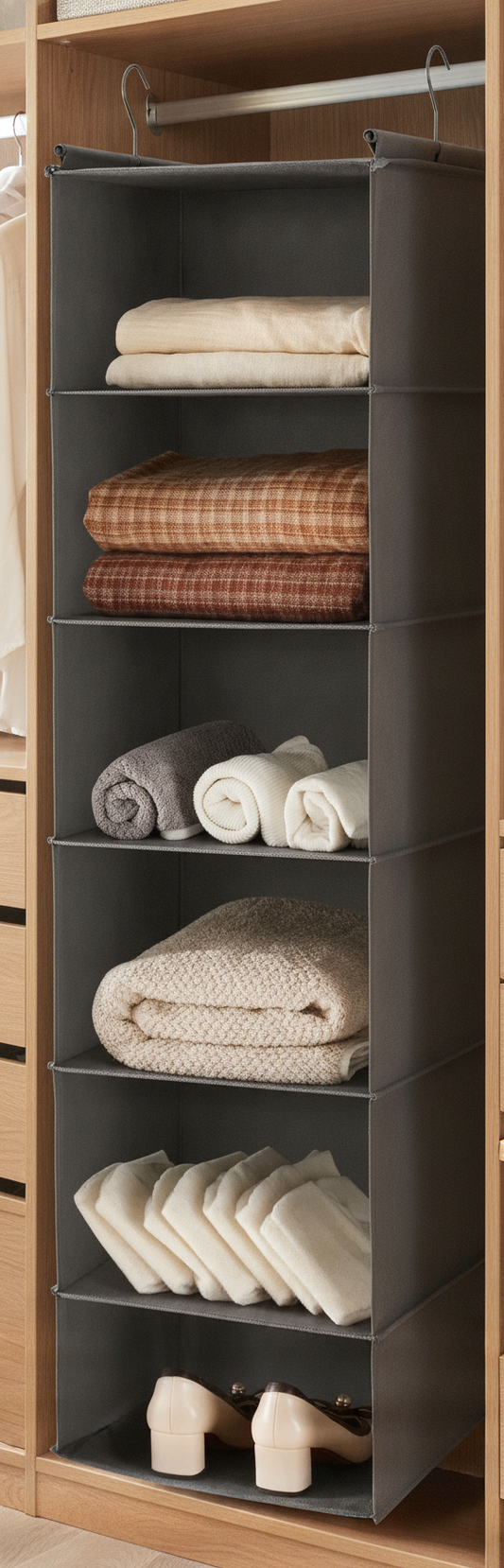 Hanging Closet Shelf Organizer, 6-Shelf Foldable Fabric Cube Storage
