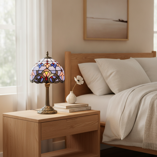 Stained Glass Table Lamp - Tiffany-Style Blue Bedside Desk Lamp