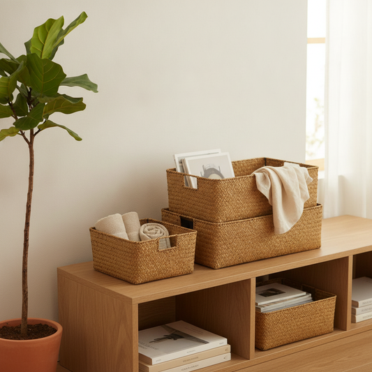 Woven Seagrass Storage Basket Set - Natural Decor Organizer Bins