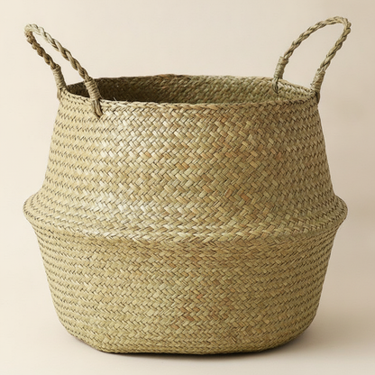 Seagrass Belly Basket Planter — Foldable Woven Plant Pot & Storage Basket for Indoor Plants