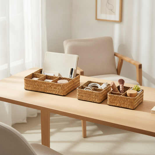 Seagrass Desk Organizer Basket - Woven Divided Storage Tray