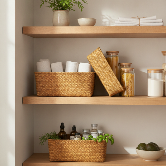 Rectangular Seagrass Storage Basket - Woven Pantry Organizer Bin