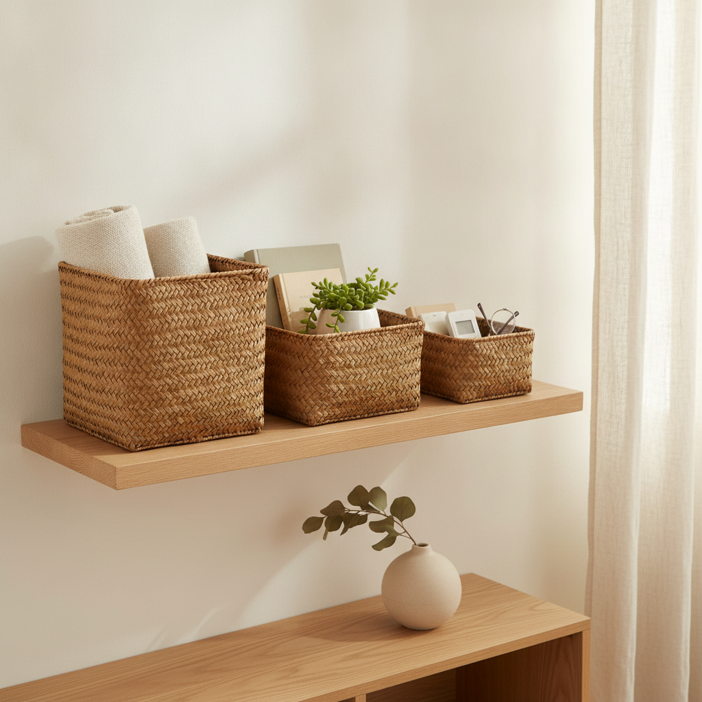 Handmade Seagrass Storage Basket Set - Woven Nesting Organizer Bins