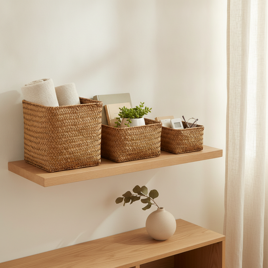 Handmade Seagrass Storage Basket Set - Woven Nesting Organizer Bins