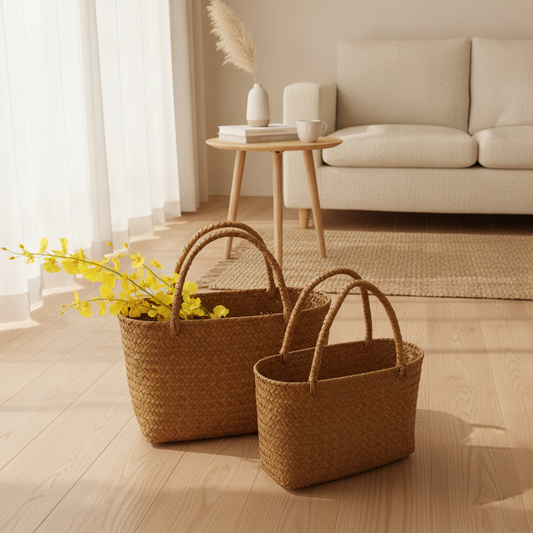 Seagrass Woven Tote Basket - Handmade Boho Beach & Flower Bag