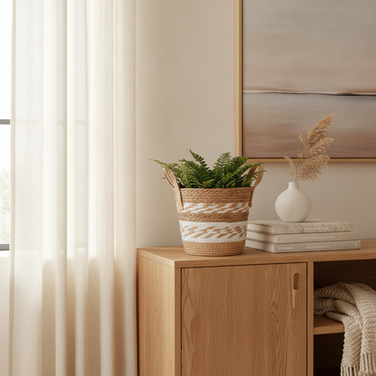 Woven Straw Planter Basket - Natural Plant Pot Cover with Handles