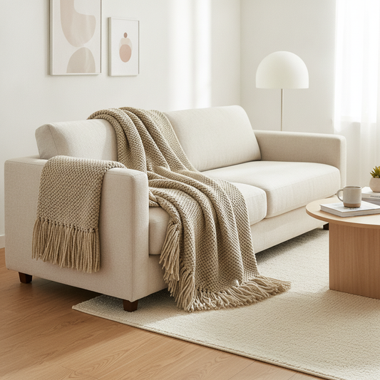 Cable Knit Throw Blanket with Tassels — Cozy Khaki Sofa Throw