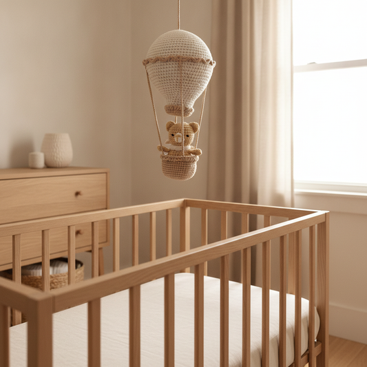 Handmade Crochet Hot Air Balloon, Teddy Bear Nursery Decor Mobile
