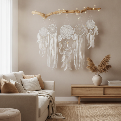 Boho Dream Catcher Set of 5 — Crochet Lace Feather Wall Hanging