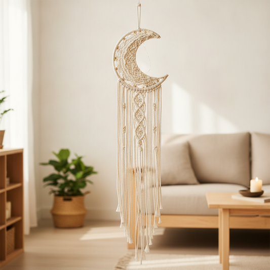 Macrame Moon Dream Catcher — Boho Crescent Wall Hanging Decor