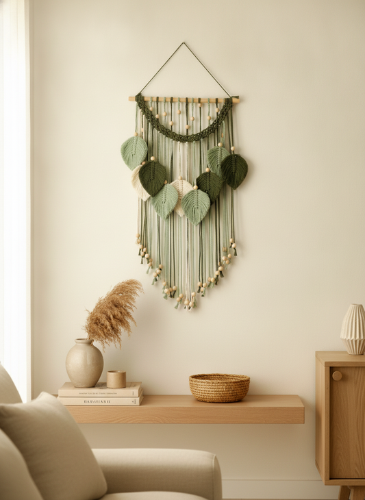 Macrame Leaf Tapestry — Boho Woven Wall Hanging with Wood Beads