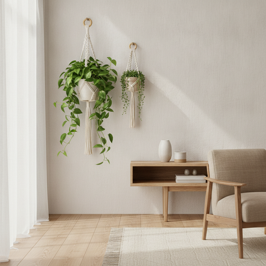 Macrame Hanging Plant Basket — Boho Cotton Wall Pouch Holder