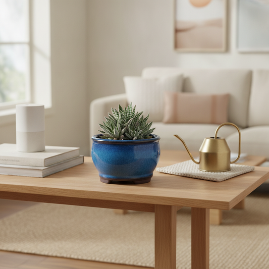 Blue Glazed Ceramic Succulent Pot — Small Indoor Planter with Drainage for Plants & Desk Decor