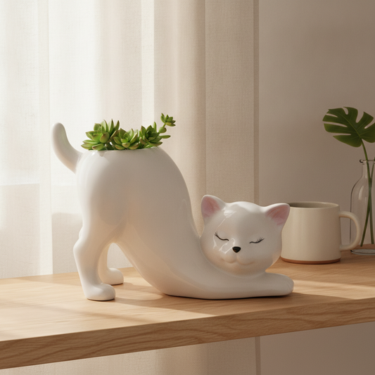 Stretching Cat Ceramic Flower Pot - Cute Succulent Planter Vase