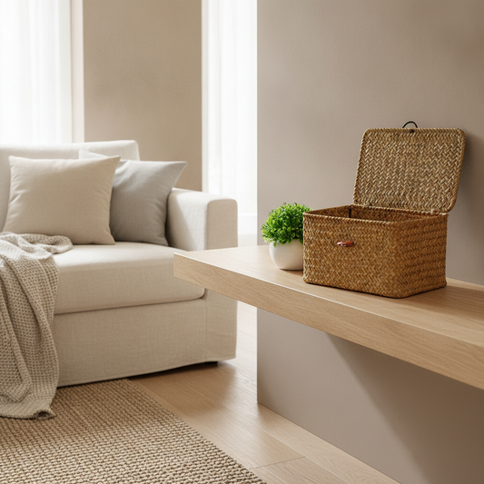 Seagrass Storage Box with Lid, Rectangular Handwoven Shelf Basket