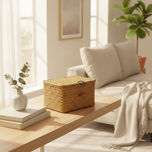 Seagrass Storage Box with Lid, Rectangular Handwoven Shelf Basket