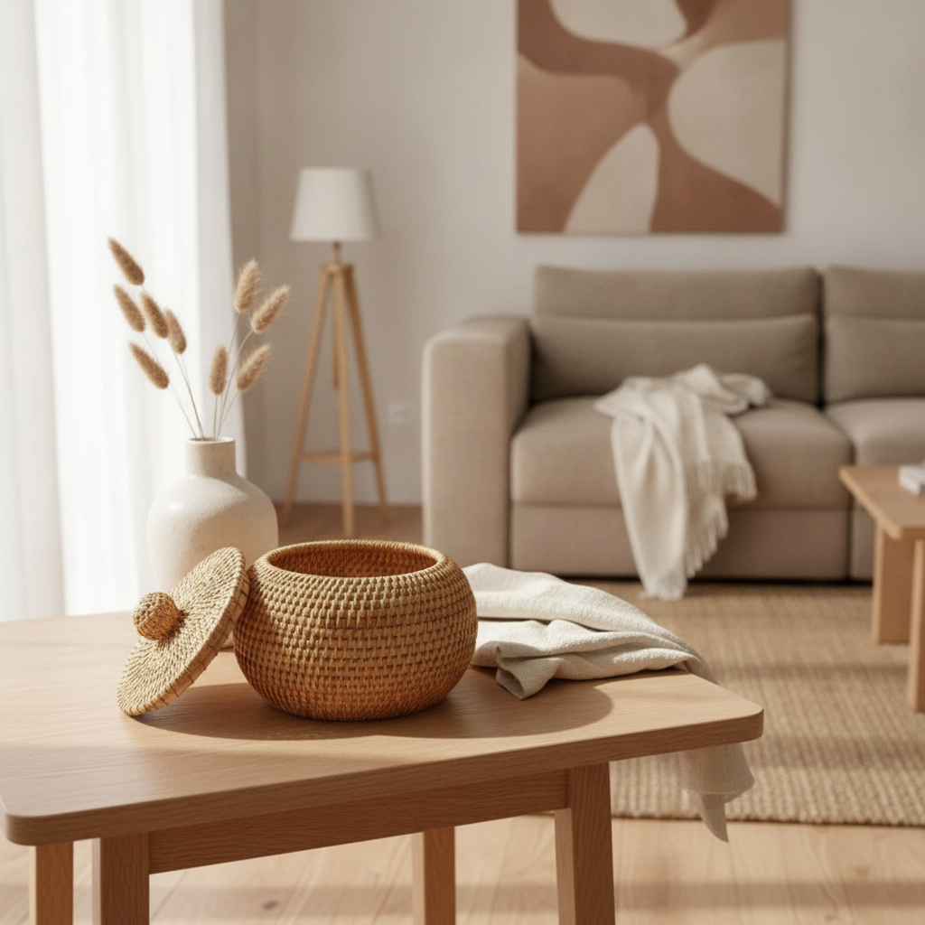 Hand-Woven Rattan Storage Box with Lid, Round Wicker Basket