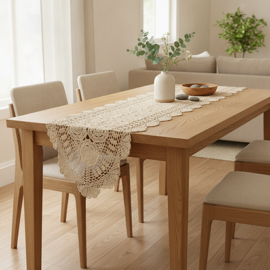 Vintage Hand-Crocheted Cotton Lace Table Runner, Floral