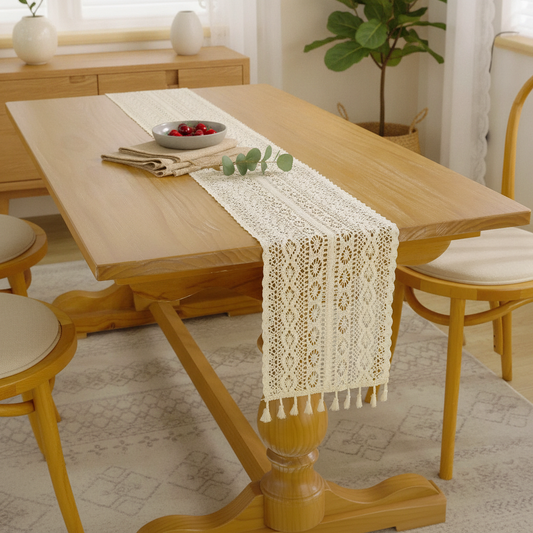 Cotton Lace Table Runner with Tassels, Boho Farmhouse Décor