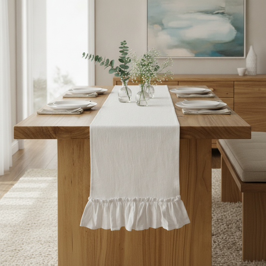 White Cotton Ruffle Table Runner, Rustic Wedding Farmhouse