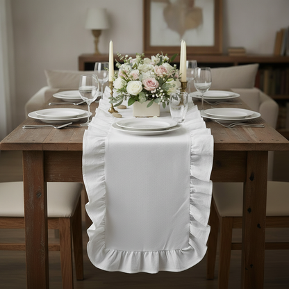 Ruffled-Edge Cotton Table Runner, Farmhouse Rustic White