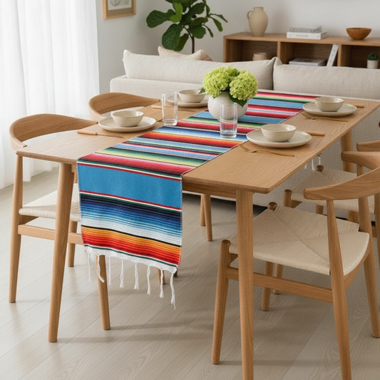 Mexican Serape Table Runner, Colorful Striped Cotton Fiesta