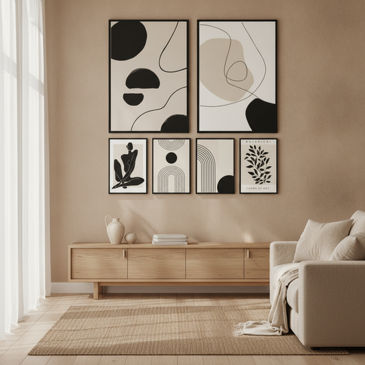 Abstract Boho Canvas Wall Art Set, Beige & Black Line Prints