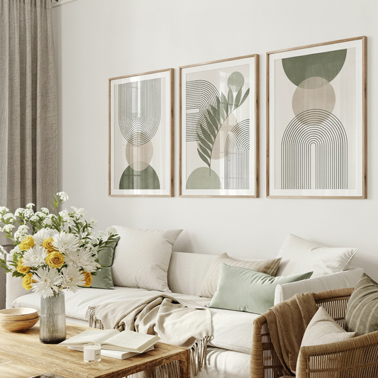 Nordic Sage Green Wall Art, Abstract Boho Botanical Print Set