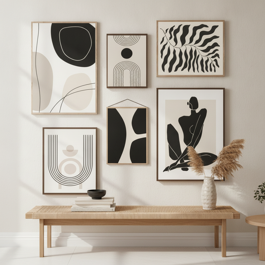 Black & Beige Abstract Wall Art, Boho Geometric Line Print Set