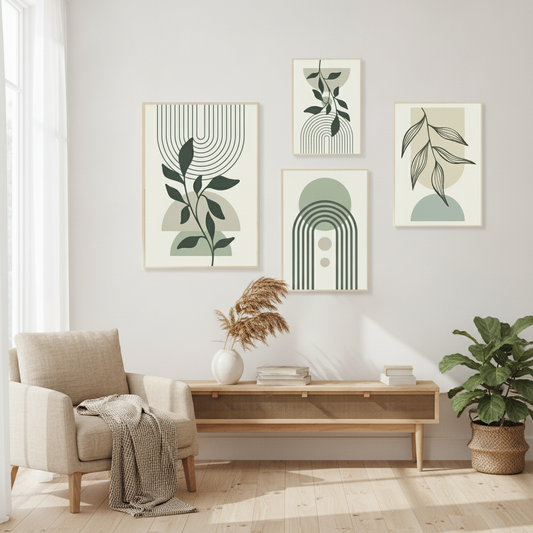 Sage Green Boho Wall Art, Abstract Leaf & Geometric Line Prints