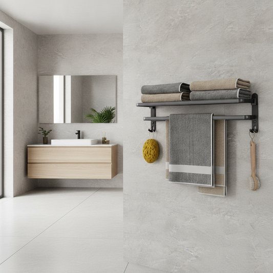 Folding Towel Rack Matte Black Wall-Mount Shelf with Hooks 50cm