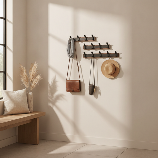 Wood & Black Metal Wall Hook Rail, Coat Rack for Bath, Kitchen, Hall