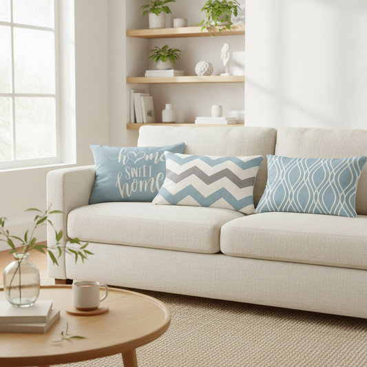 Blue Geometric Linen Throw Pillow Covers, Modern Sofa Cushion Covers