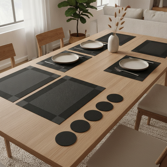 Set of 6 Crossweave Placemats with Coasters — Black Table Mats