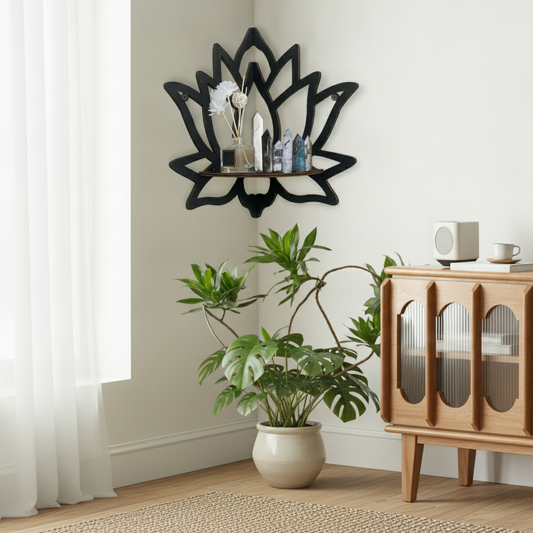 Lotus Wooden Corner Shelf — Crystal & Aromatherapy Display Rack