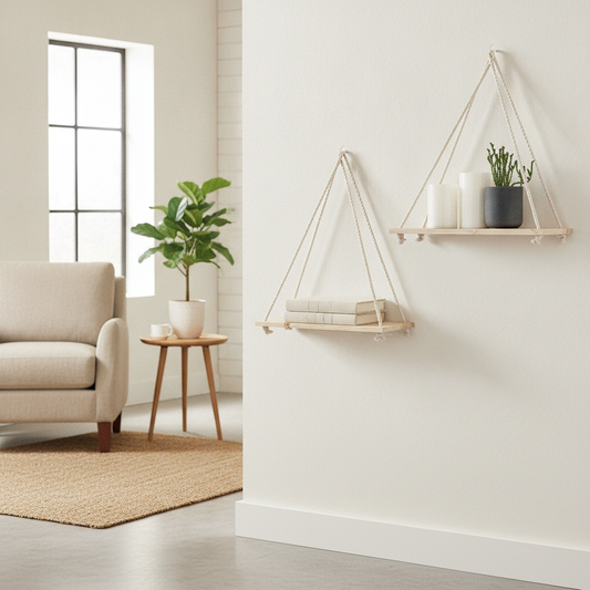 Hanging Rope Wall Shelf — Wood Swing Plant & Decor Display Rack