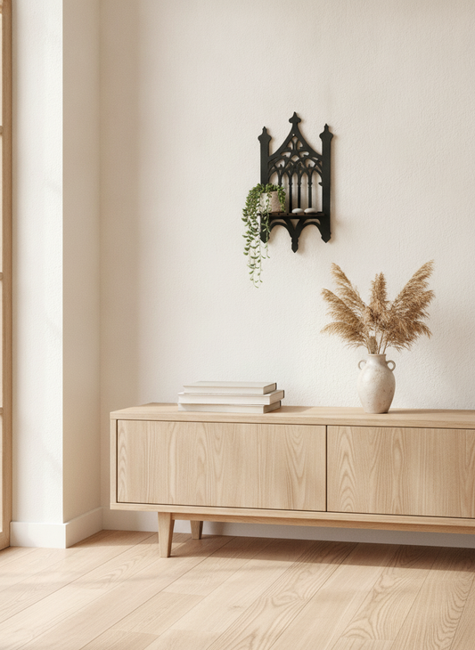 Gothic Wooden Wall Shelf — Hollow Vintage Fence Decor Display