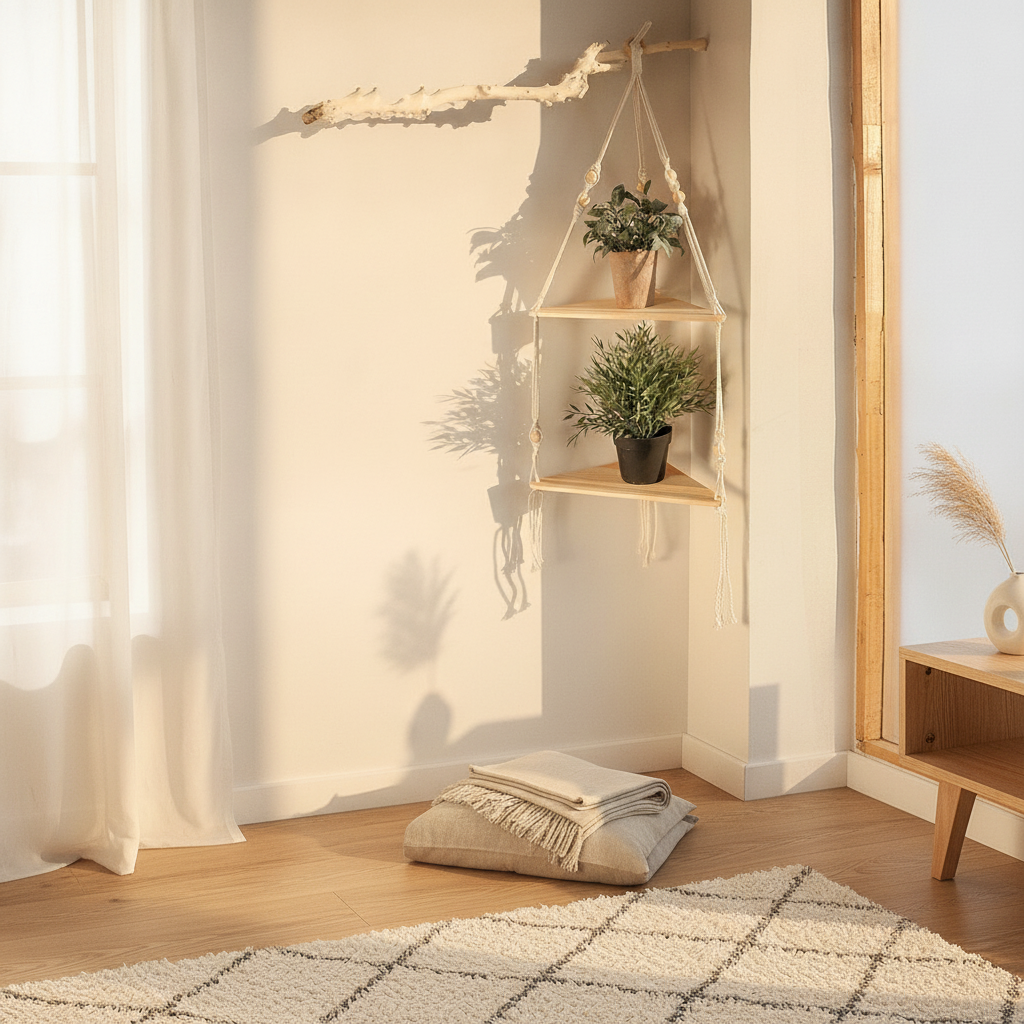 Macrame Triangle Corner Shelf — Hanging Wood Plant Display Stand