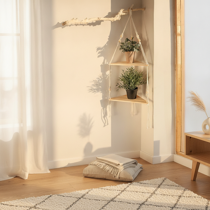 Macrame Triangle Corner Shelf — Hanging Wood Plant Display Stand