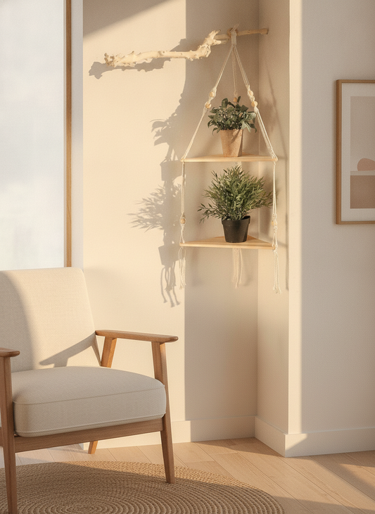 Macrame Corner Shelf — Hanging Wood Plant & Pot Display Stand
