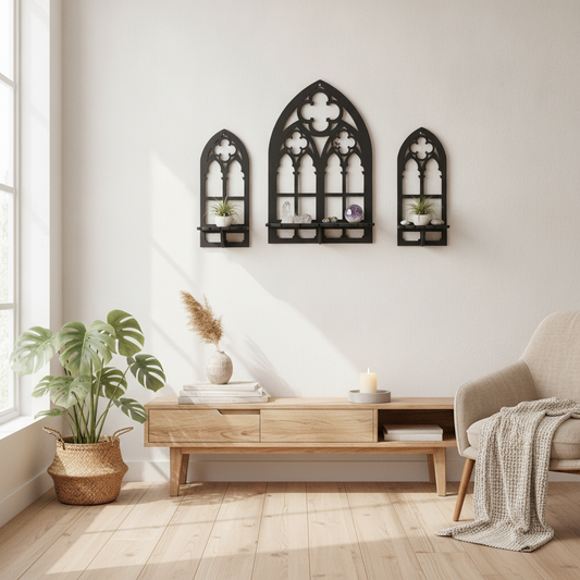 Gothic Cathedral Crystal Shelf — Set of 3 Wooden Sconces