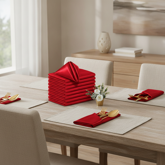 12-Pack Red Satin Napkins — Silky Washable 30x30cm Party Linens