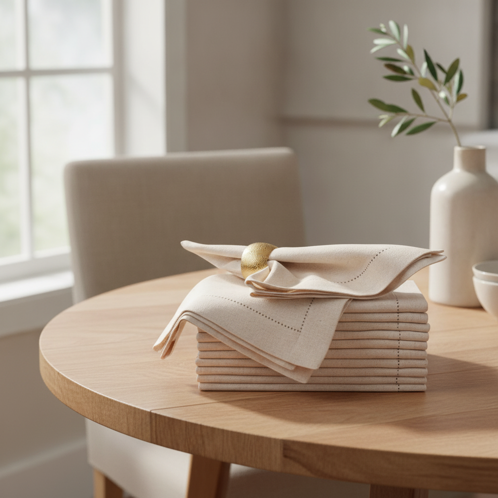 Set of 6 Hemstitch Linen Napkins — Natural Cotton Dinner Cloth Set