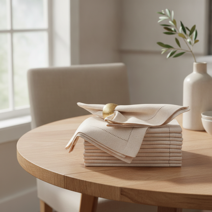 Set of 6 Hemstitch Linen Napkins — Natural Cotton Dinner Cloth Set