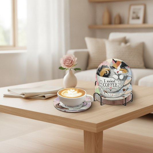 Cat Diamond Painting Coaster Set - 8 DIY Coasters with Holder