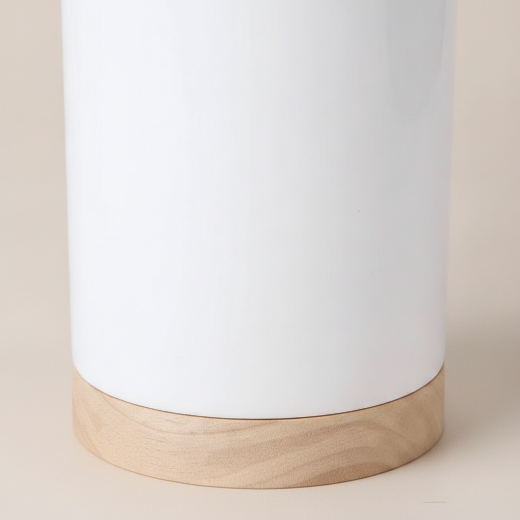 Ceramic Utensil Holder — Wood Base with Drainage, Kitchen Cutlery Caddy for Countertop