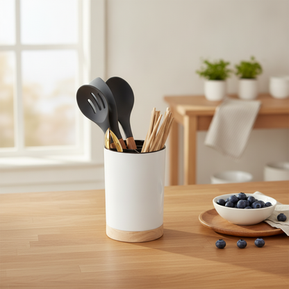 Ceramic Utensil Holder — Wood Base with Drainage, Kitchen Cutlery Caddy for Countertop