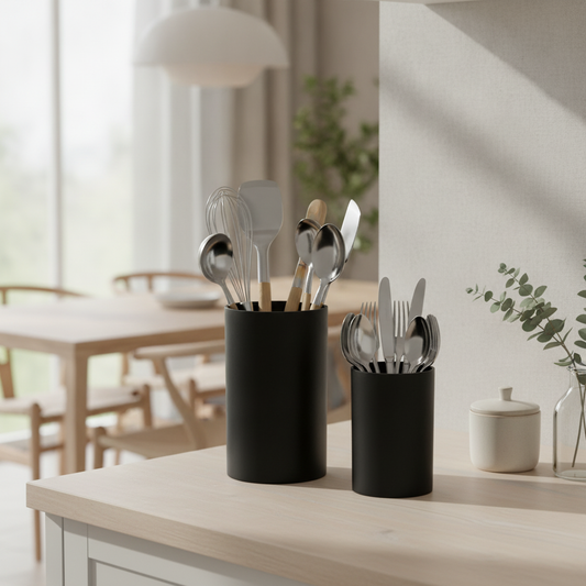 Black Cylinder Utensil Holder — Kitchen Cutlery Storage Caddy for Countertop Organization