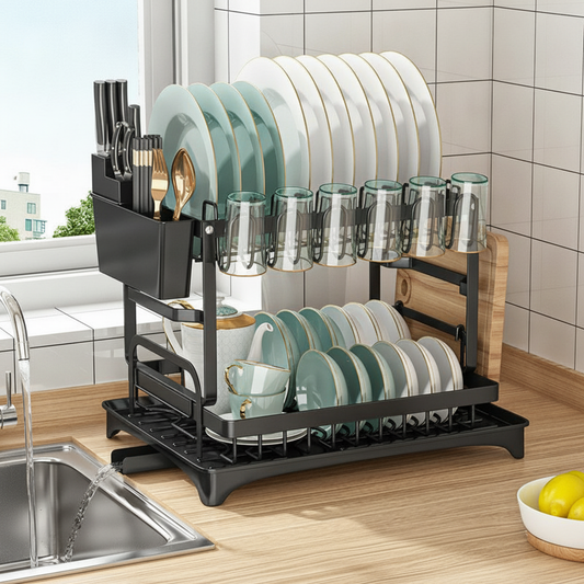 2-Tier Dish Drying Rack With Drainboard, Utensil & Cup Holder