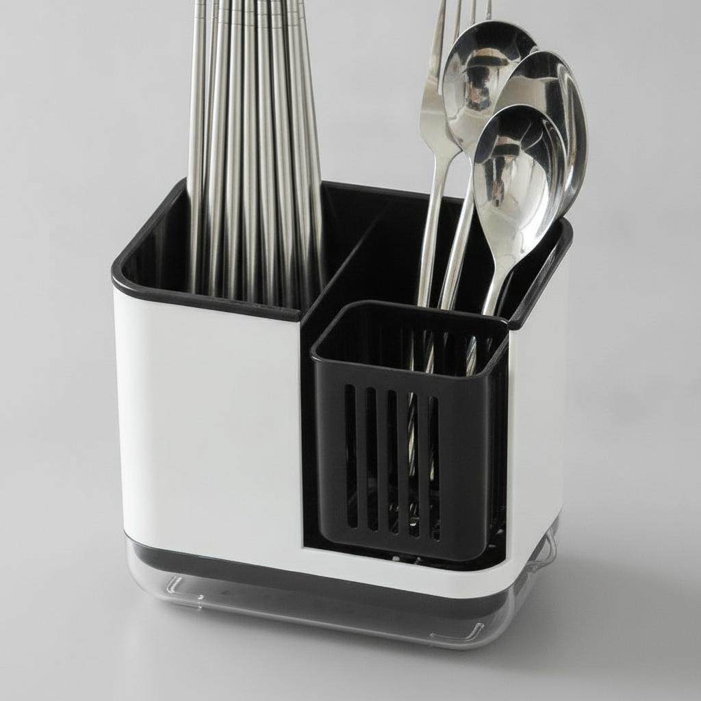 Cutlery Drain Holder — Utensil Caddy with Drip Tray & Removable Chopstick Cage for Kitchen